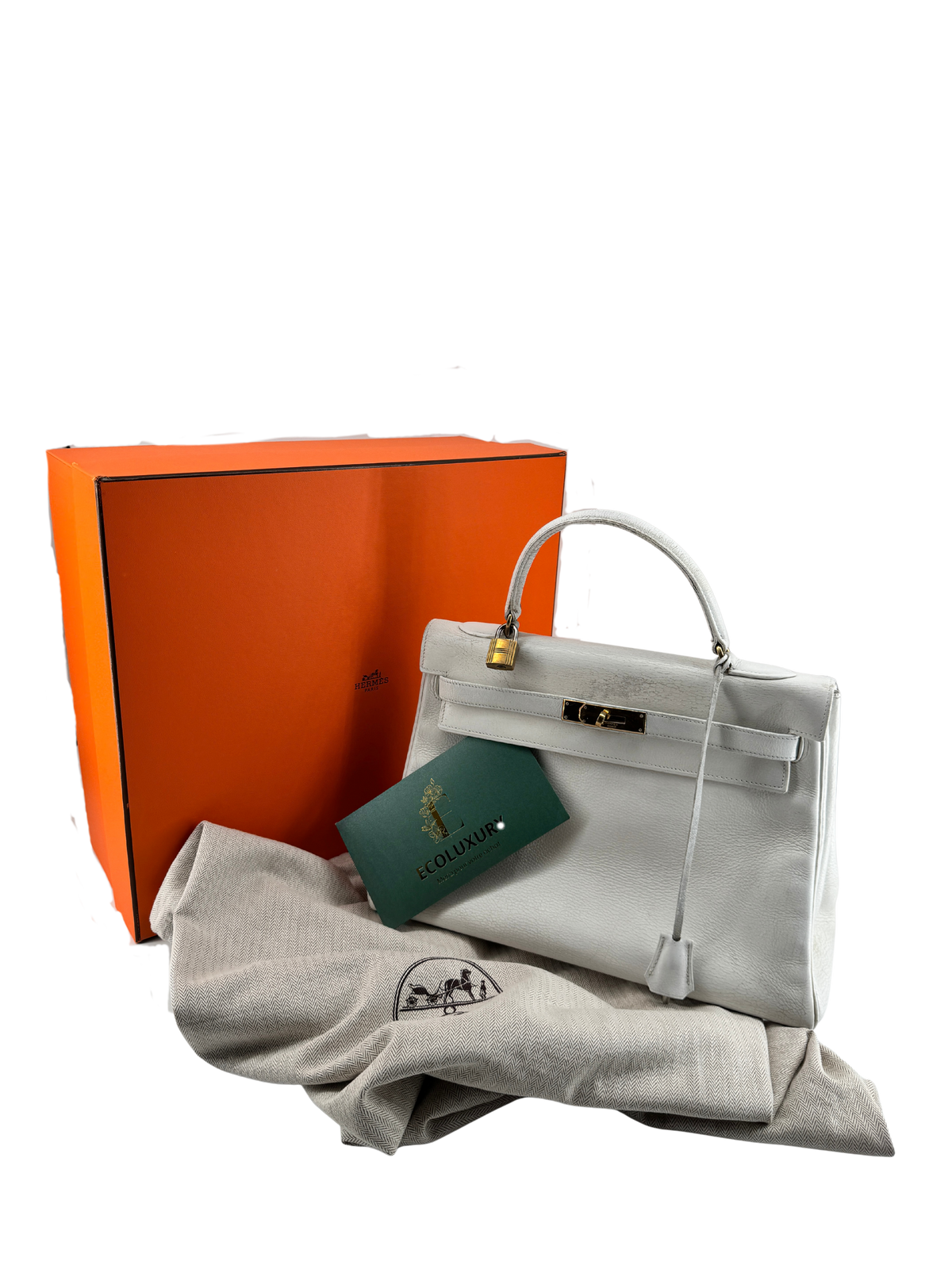 Hermès — Kelly 32 Retourné Vintage Circa 1959, Cuir Box Blanc, Garniture Plaquée Or