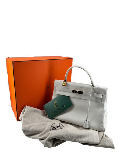 Hermès — Kelly 32 Retourné Vintage Circa 1959, Cuir Box Blanc, Garniture Plaquée Or