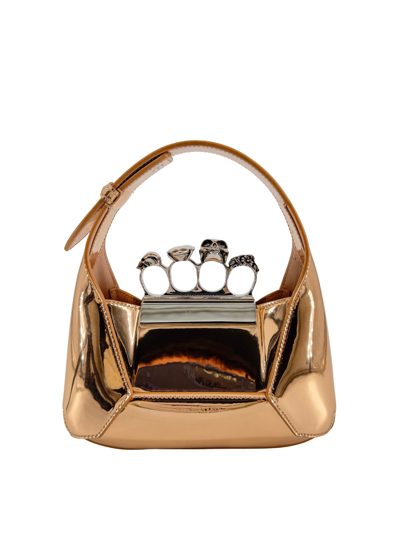 Alexander McQueen – The Jewelled Hobo en cuir miroir doré, poignée bijou “Skull Four Ring” & chaîne