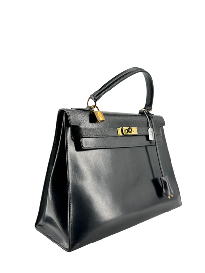 Sac Hermès Kelly 32 Sellier Vintage 1966 en Cuir Box Calf Noir, Garniture Plaquée Or — Pièce de collection historique