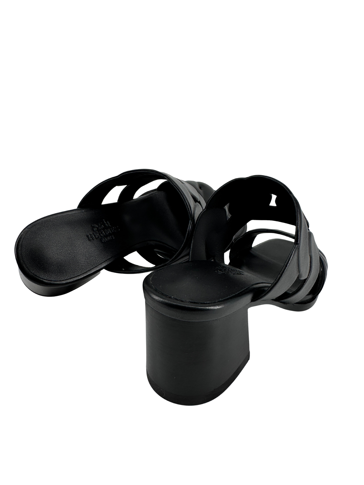 Hermès — Sandales Gaby 60 en nappa noir, motifs Chaîne Gourmette & Chaîne Torsade, talon 6 cm (Made in Italy)