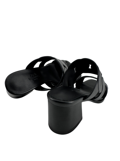 Hermès — Sandales Gaby 60 en nappa noir, motifs Chaîne Gourmette & Chaîne Torsade, talon 6 cm (Made in Italy)