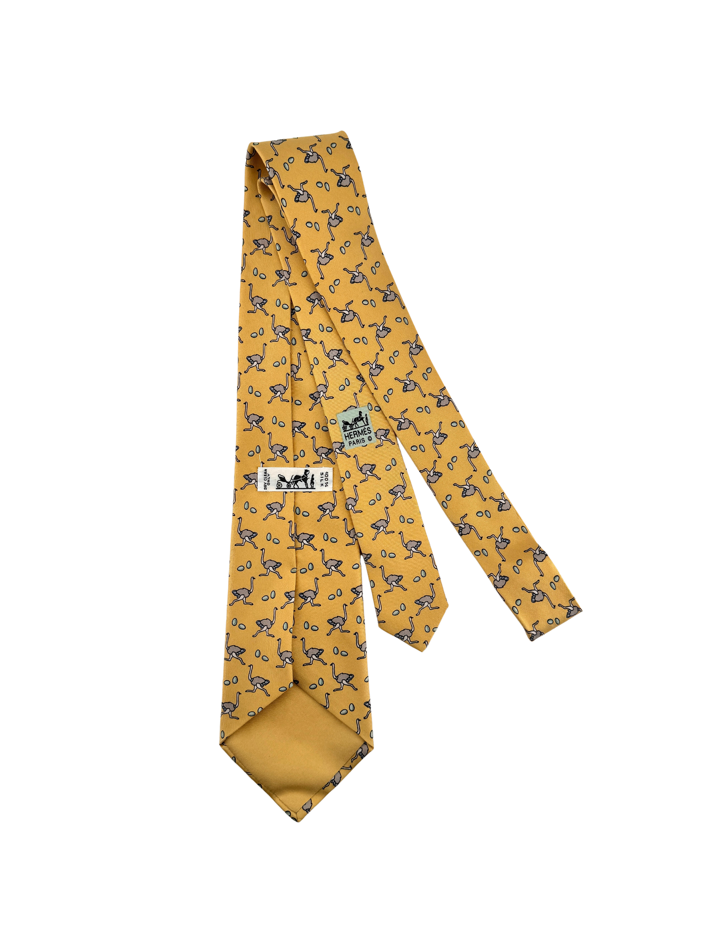 Cravate Hermès en soie Made in France – motif autruches & œufs sur fond jaune