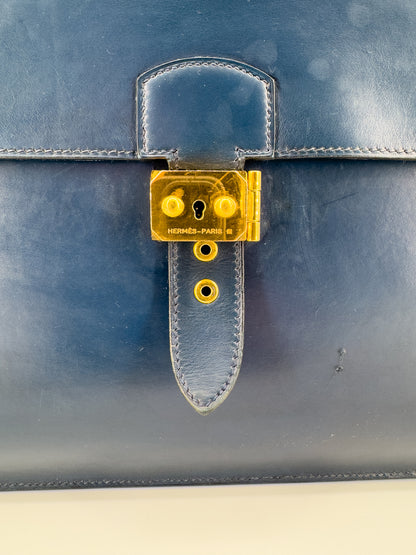 Sac à dépêches Hermès en cuir box bleu marine