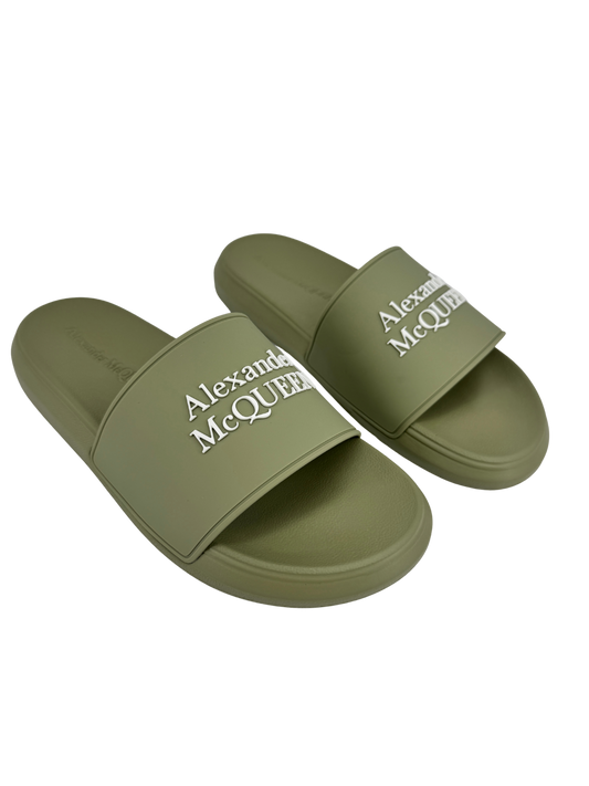 Alexander McQueen Sage Green Slides – Minimalist Elegance and Contemporary Spirit