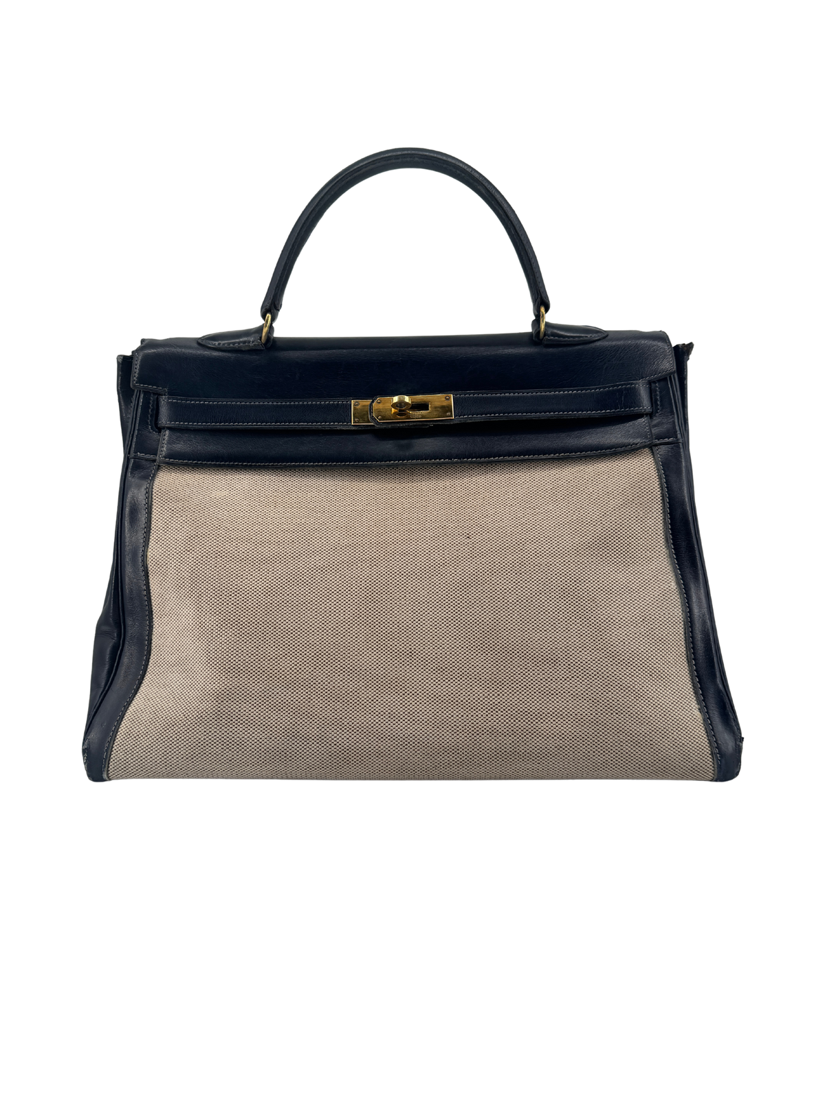 Sac Hermès Kelly 32 Retourné Vintage 1951 en Toile H Écrue & Cuir Box Bleu Nuit, Garniture Plaquée Or — Pièce de collection expertisée