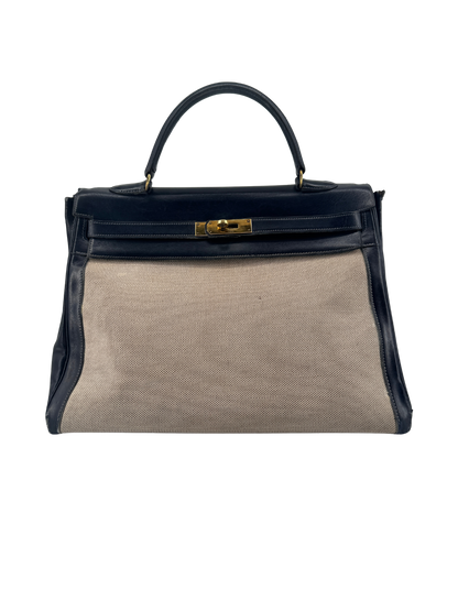 Sac Hermès Kelly 32 Retourné Vintage 1951 en Toile H Écrue & Cuir Box Bleu Nuit, Garniture Plaquée Or — Pièce de collection expertisée