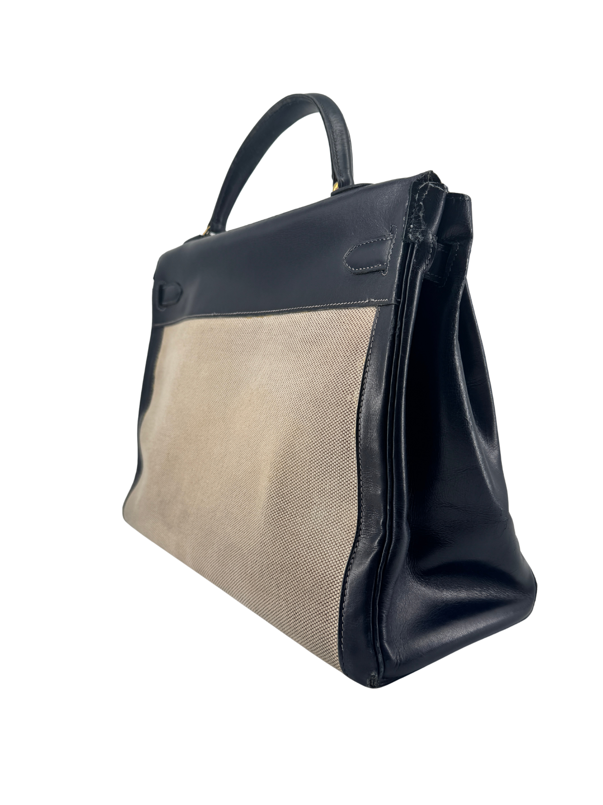 Sac Hermès Kelly 32 Retourné Vintage 1951 en Toile H Écrue & Cuir Box Bleu Nuit, Garniture Plaquée Or — Pièce de collection expertisée