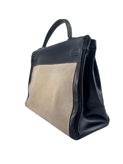Sac Hermès Kelly 32 Retourné Vintage 1951 en Toile H Écrue & Cuir Box Bleu Nuit, Garniture Plaquée Or — Pièce de collection expertisée