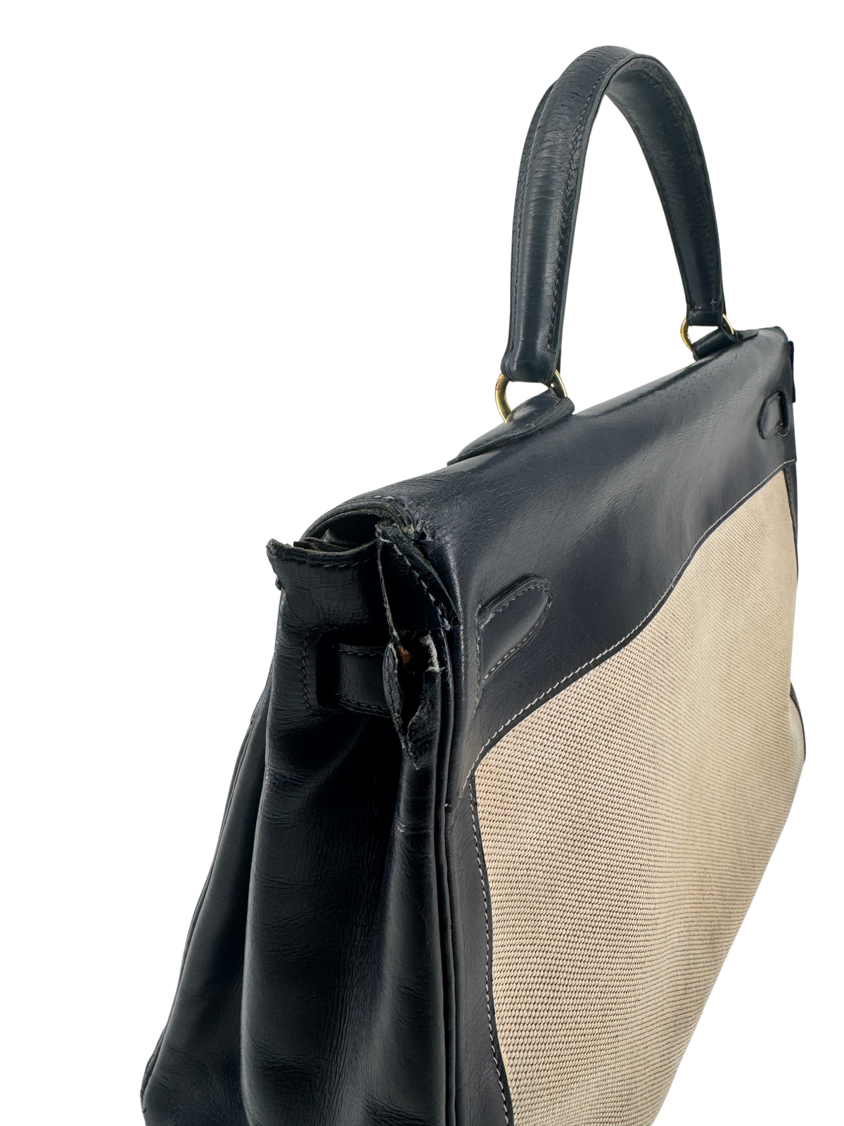 Sac Hermès Kelly 32 Retourné Vintage 1951 en Toile H Écrue & Cuir Box Bleu Nuit, Garniture Plaquée Or — Pièce de collection expertisée